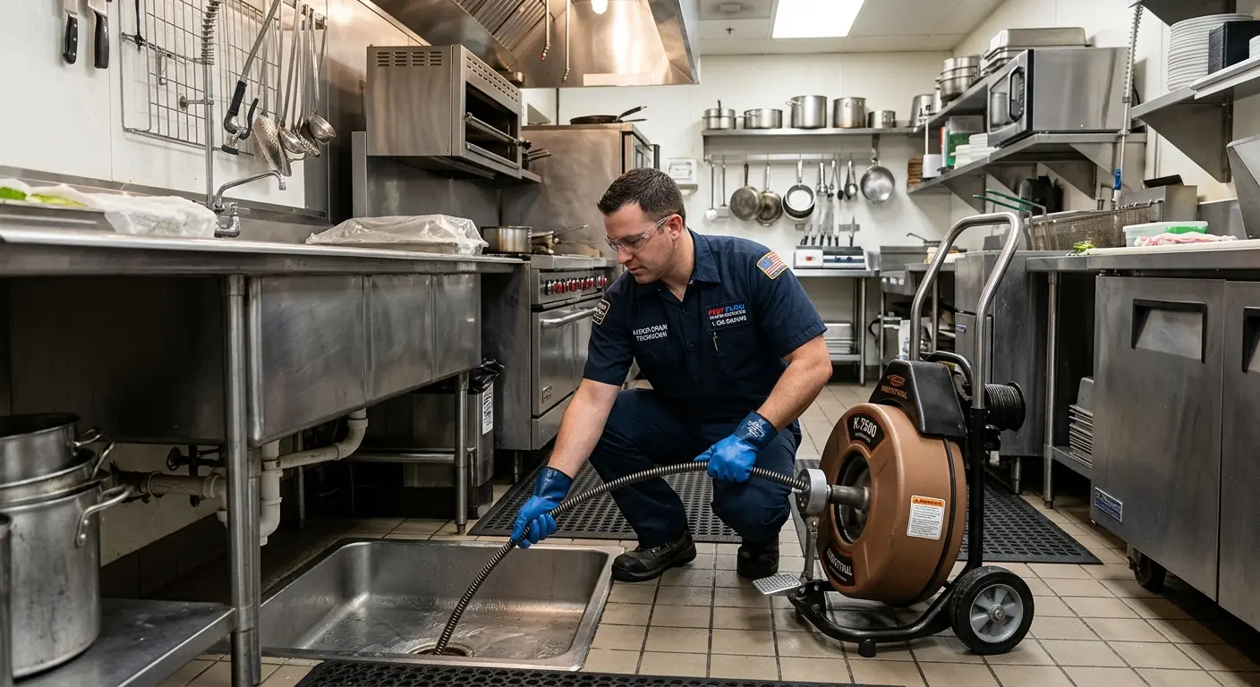 Commercial drain cleaning service in a restaurant kitchen in Seminole