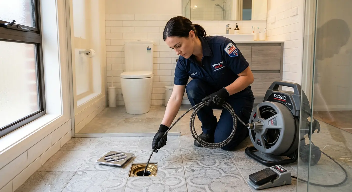 Technician clearing a bathroom floor drain for Drain Repair in Seminole